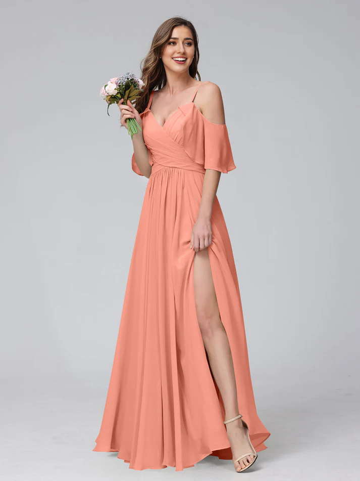 Chiffon Cold-Shoulder V-Neck Ruched Bodice High-Slit A-Line Floor-Length Romantic Bridesmaid Dress