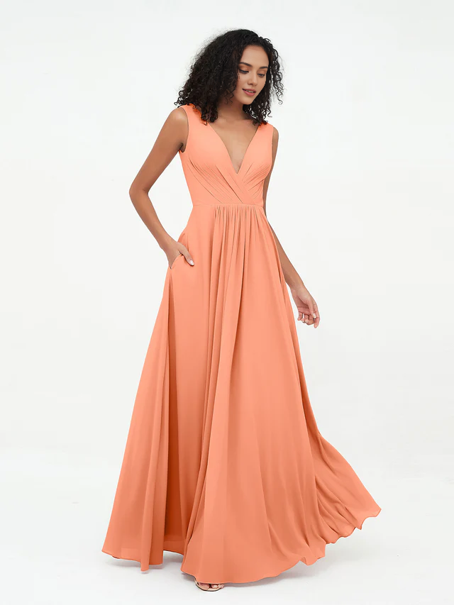 Chiffon Spaghetti-Strap Deep V-Neck Pocketed A-Line Floor-Length Bridesmaid Dresses