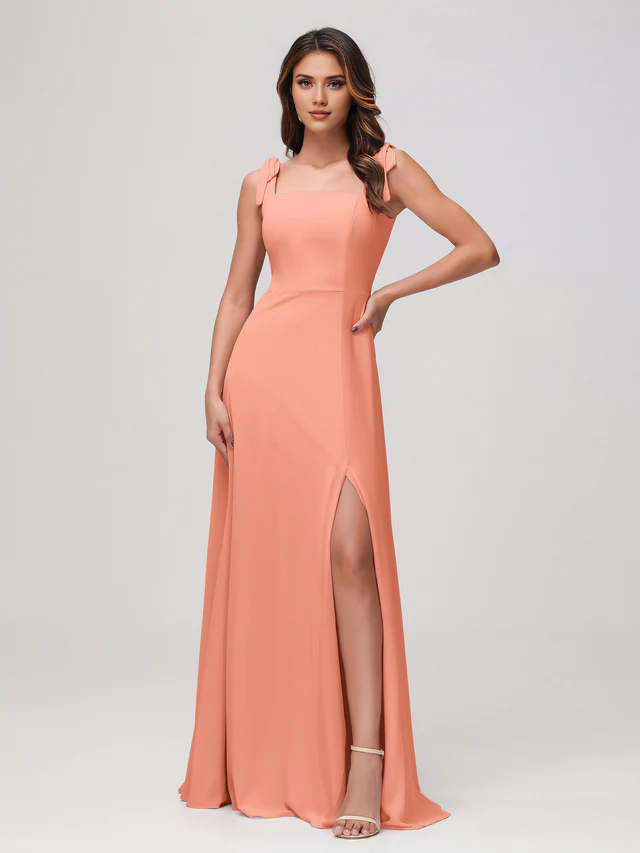 Satin Square Neck Spaghetti-Strap Ruched Bodice High-Slit Sheath Floor-Length Bridesmaid Dresses