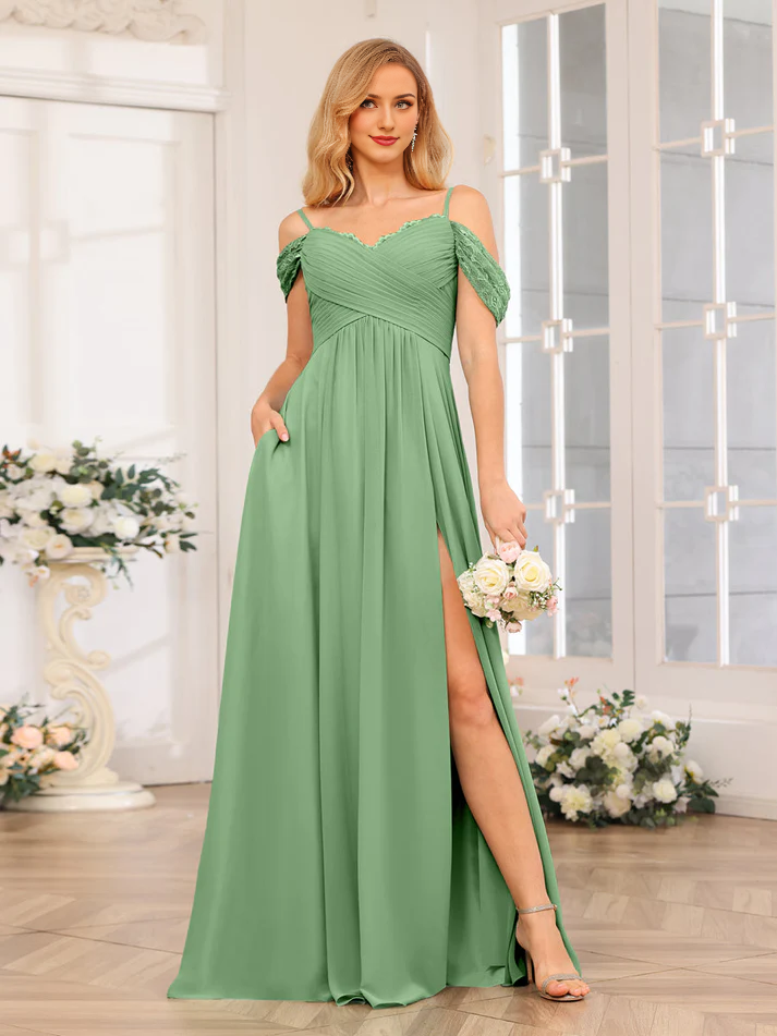 Chiffon Off-Shoulder Sweetheart Neckline Pocketed Bodice High-Slit A-Line Floor-Length Sage Green Bridesmaid Dresses