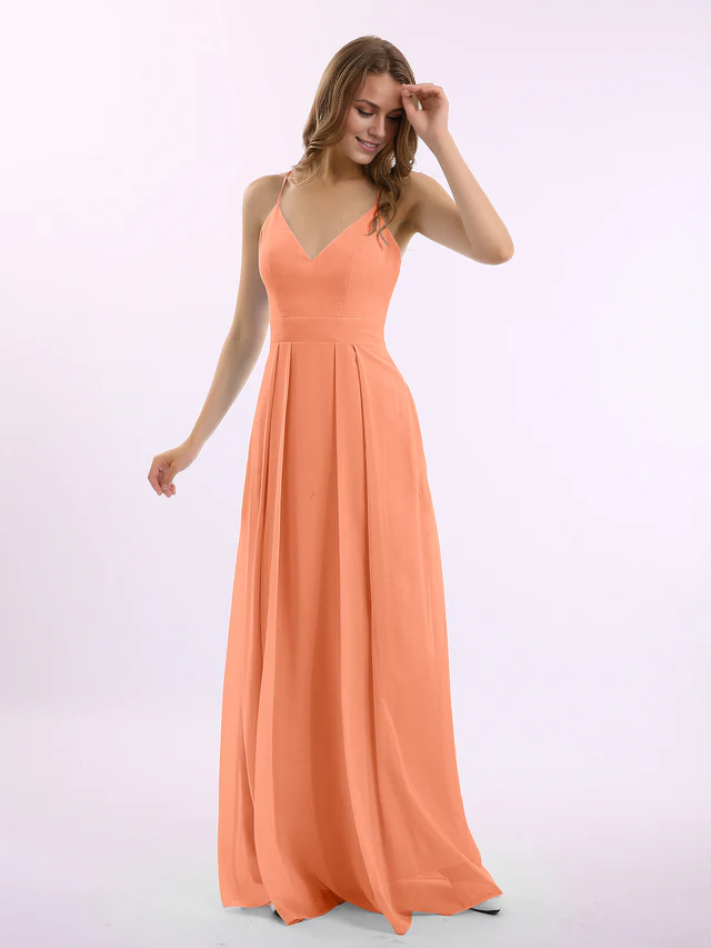 Chiffon Spaghetti-Strap Deep V-Neck A-Line Floor-Length Bridesmaid Dresses