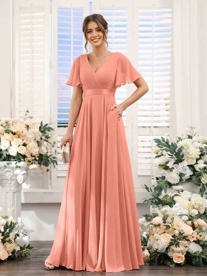 Chiffon Flutter-Sleeve V-Neck Beaded Waist A-Line Floor-Length Blush Pink Bridesmaid Dresses