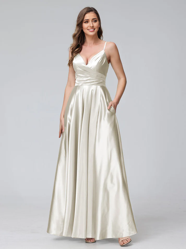 Satin Spaghetti-Strap Sweetheart Neckline Ruched Side A-Line Floor-Length Elegant Bridesmaid Dress