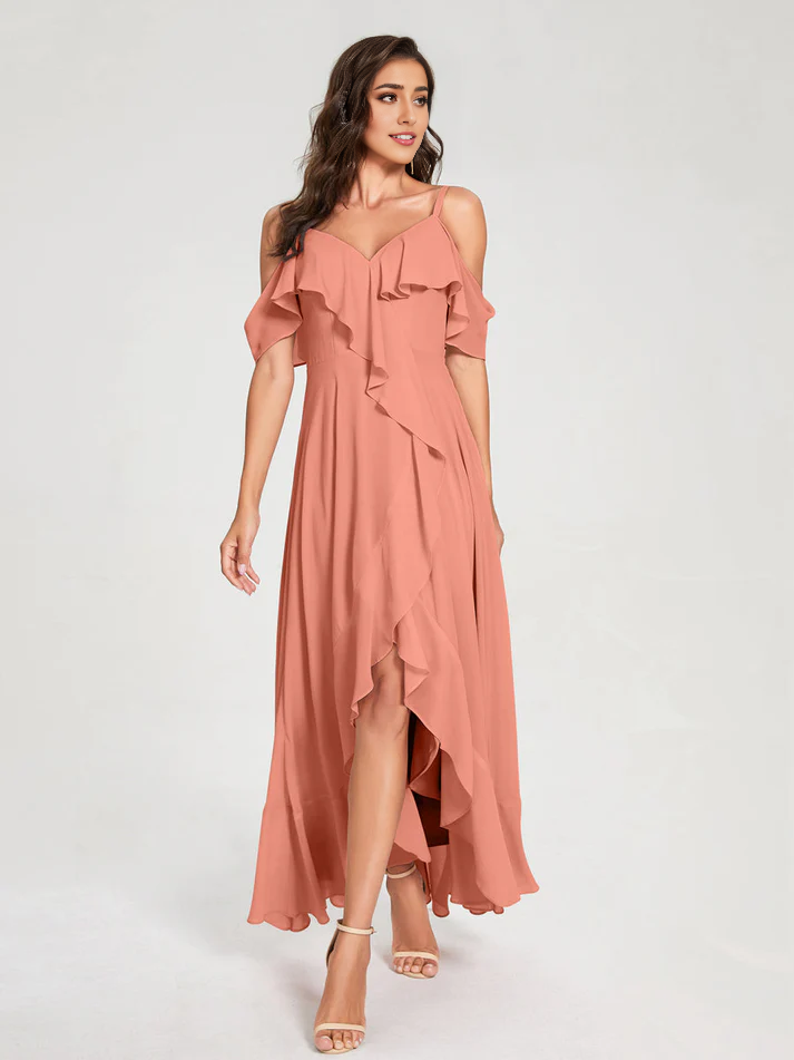 Chiffon Cold-Shoulder Spaghetti-Strap High-Slit Asymmetrical Floor-Length Stylish Bridesmaid Dress