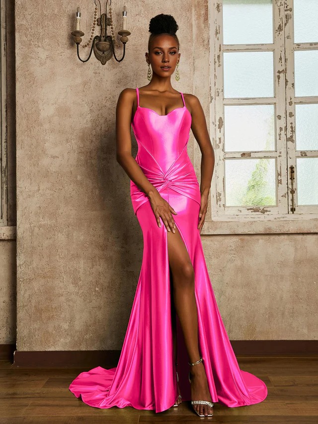 Satin Spaghetti-Strap Ruched Bodice High-Slit Sheath Train Floor-Length Bridesmaid Dresses