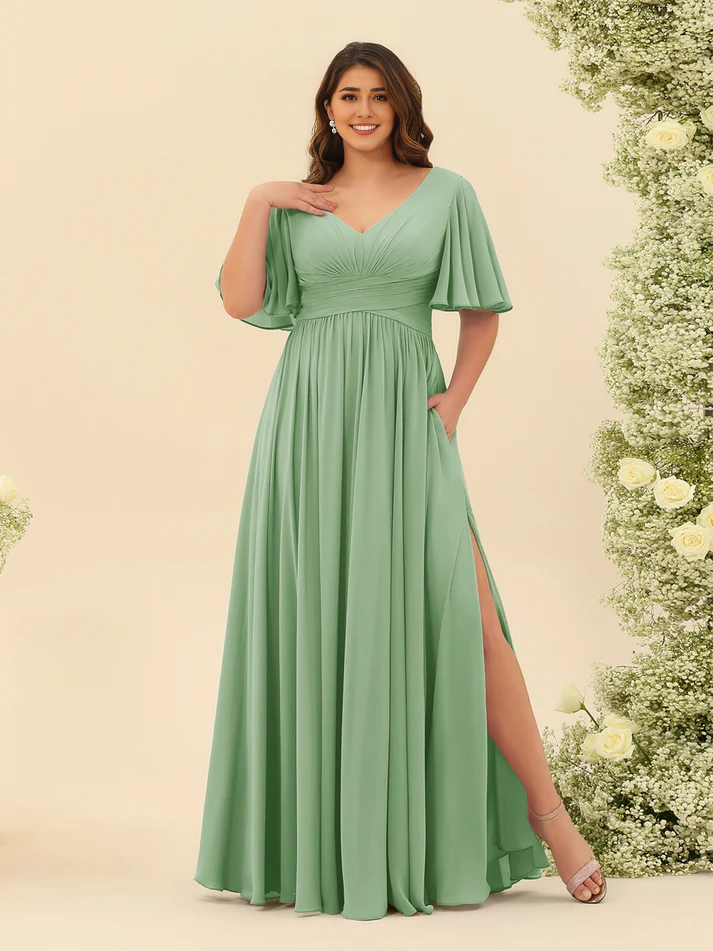 Chiffon Short-Sleeve V-Neck Ruched Bodice High-Slit A-Line Floor-Length Comfortable Bridesmaid Dress