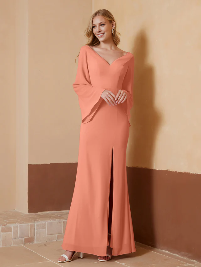 Chiffon Bell-Sleeve Deep V-Neck Ruched Bodice Sheath Floor-Length Bridesmaid Dresses