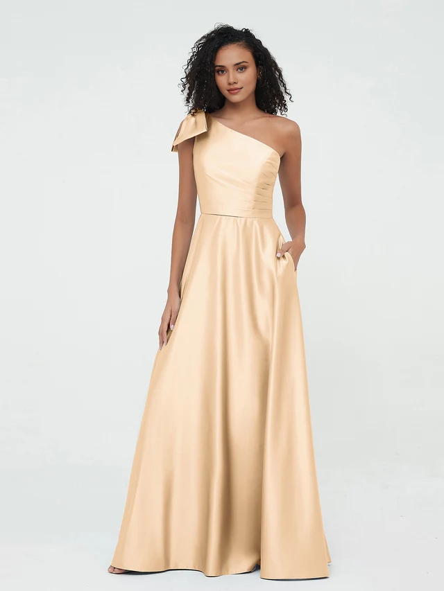 Elegant Satin A-Line One Shoulder Bow Back Maxi Bridesmaid Dress