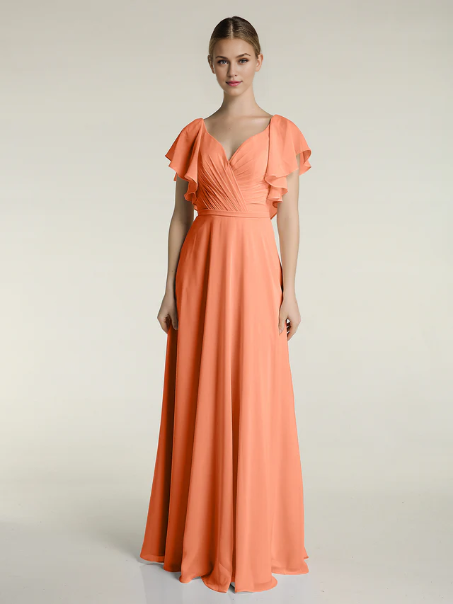 Chiffon Flutter-Sleeve V-Neck Ruched Bodice A-Line Floor-Length Bridesmaid Dresses