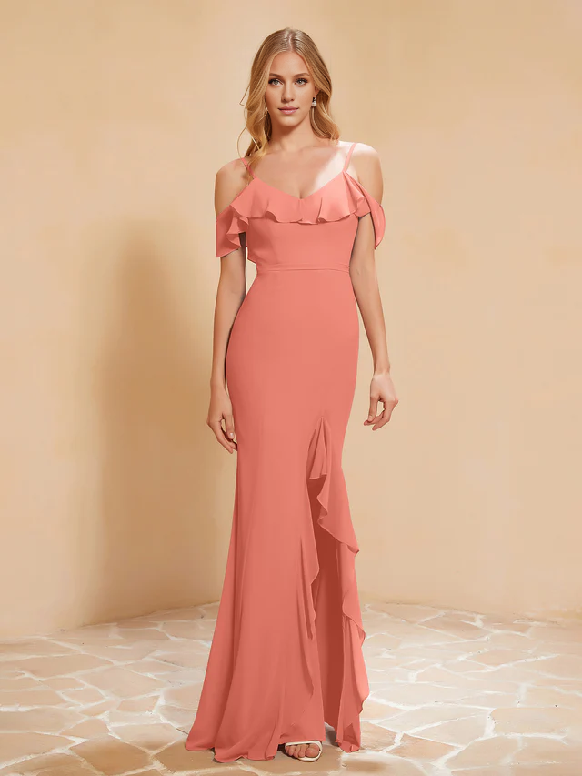Chiffon Off-Shoulder Ruffled Bodice Sheath High-Slit Floor-Length Bridesmaid Dresses