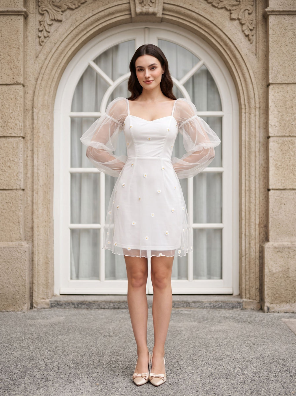 White Tulle Sheath V-Neck Back Zip Short Dress
