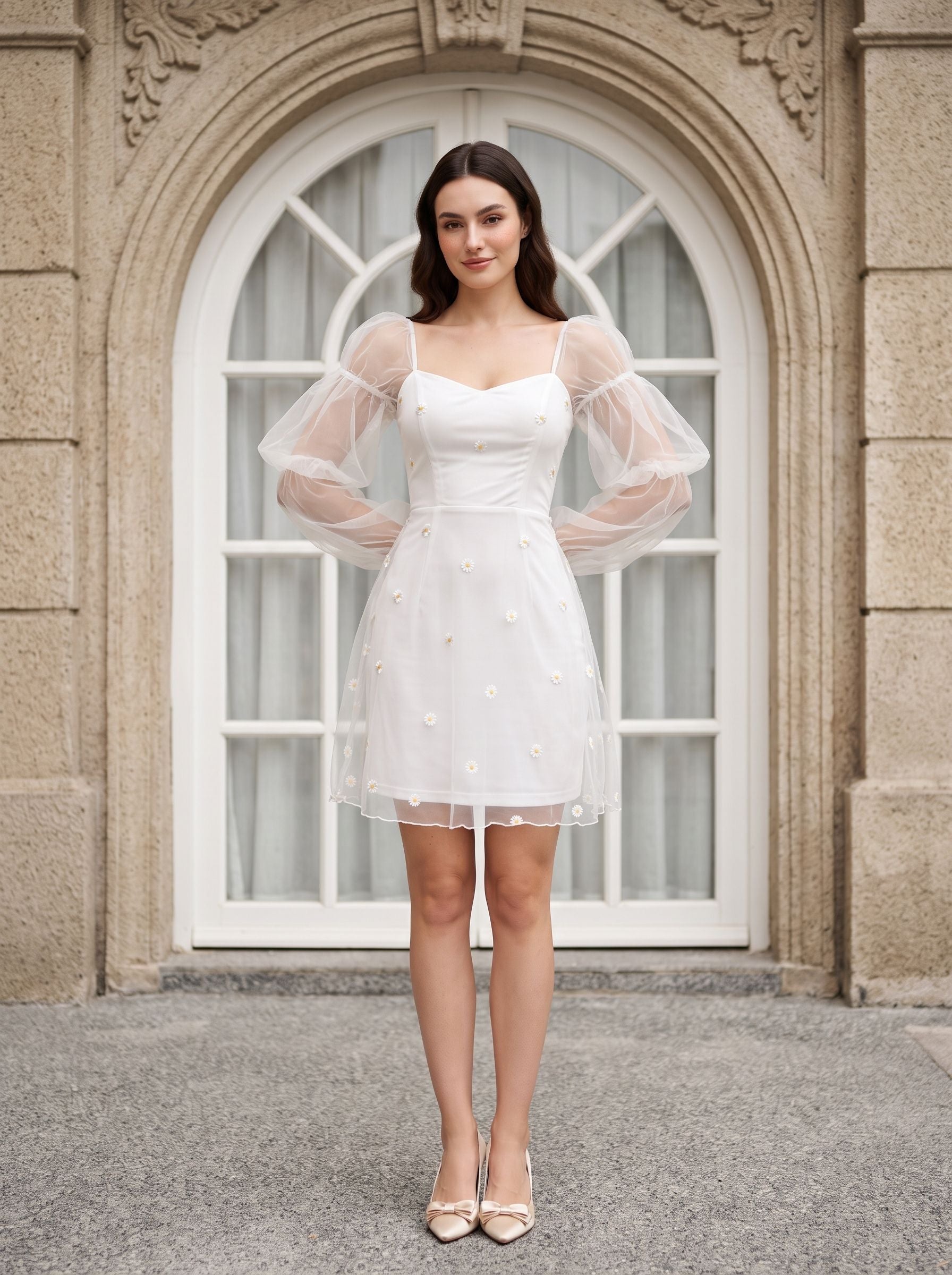 White Tulle Sheath V-Neck Back Zip Short Dress