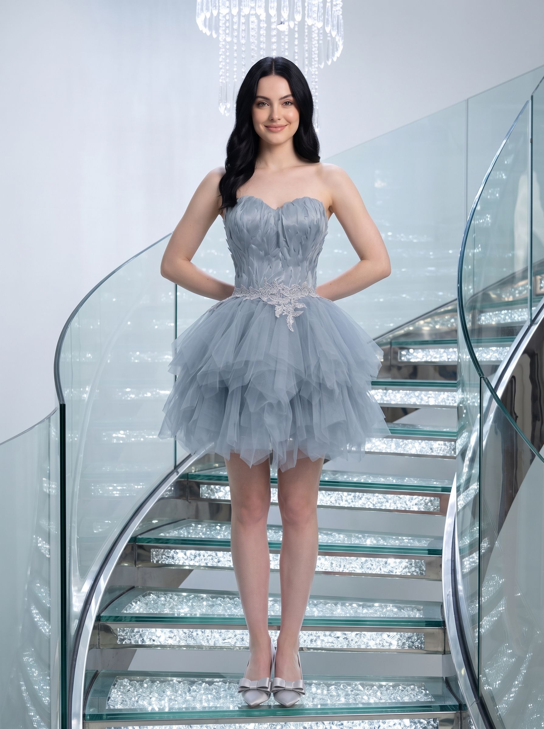 Dusty Blue Satin and Tulle A-Line Sweetheart Back Zip Short Dress with Ruched Satin Bodice