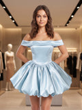 Sky Blue Satin Bubble Off-the-Shoulder Lace-Up Back Mini Dress