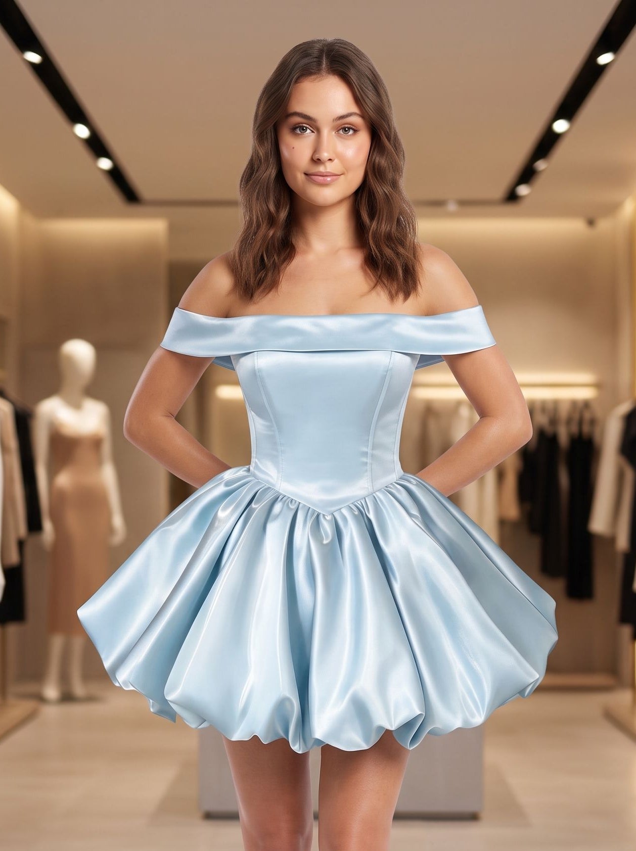 Sky Blue Satin Bubble Off-the-Shoulder Lace-Up Back Mini Dress