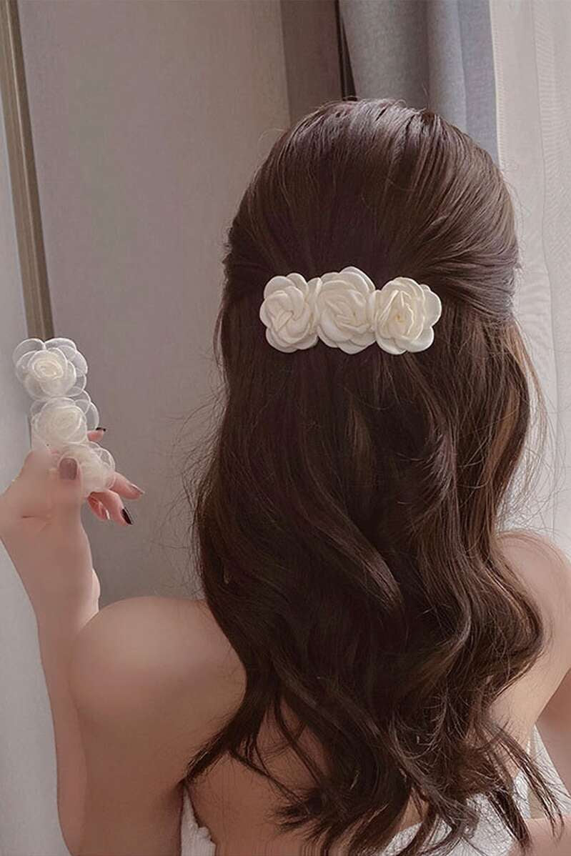 Cream White 3 Rose Flower Hair Barrette Satin Floral Hair Clip Bridal Hair Accessory