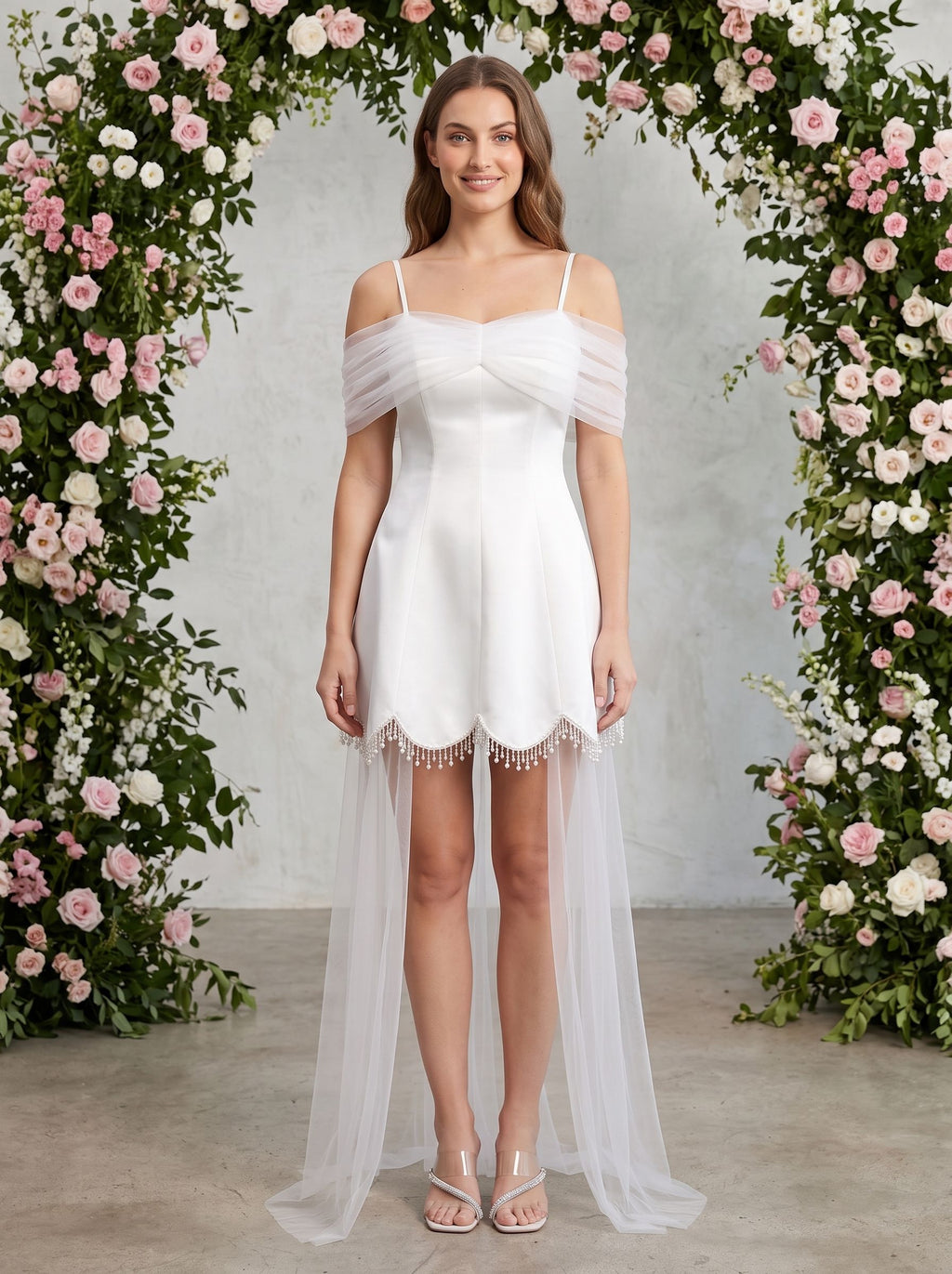White Satin Tulle A-Line Off-the-Shoulder Illusion Mini Dress with Bead-Trimmed Hem