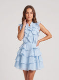 Sky Blue Chiffon Tiered High Neck Back Zip Mini Dress