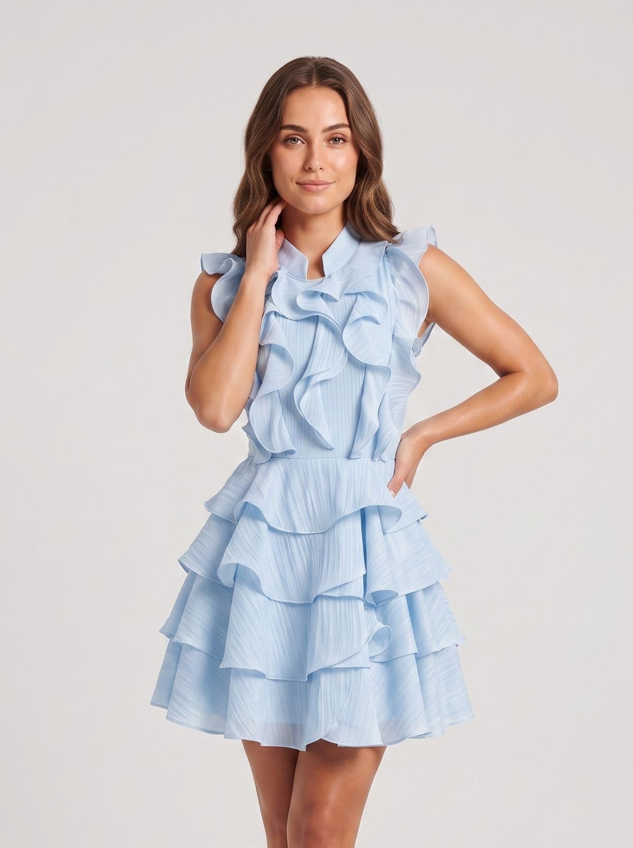 Sky Blue Chiffon Tiered High Neck Back Zip Mini Dress