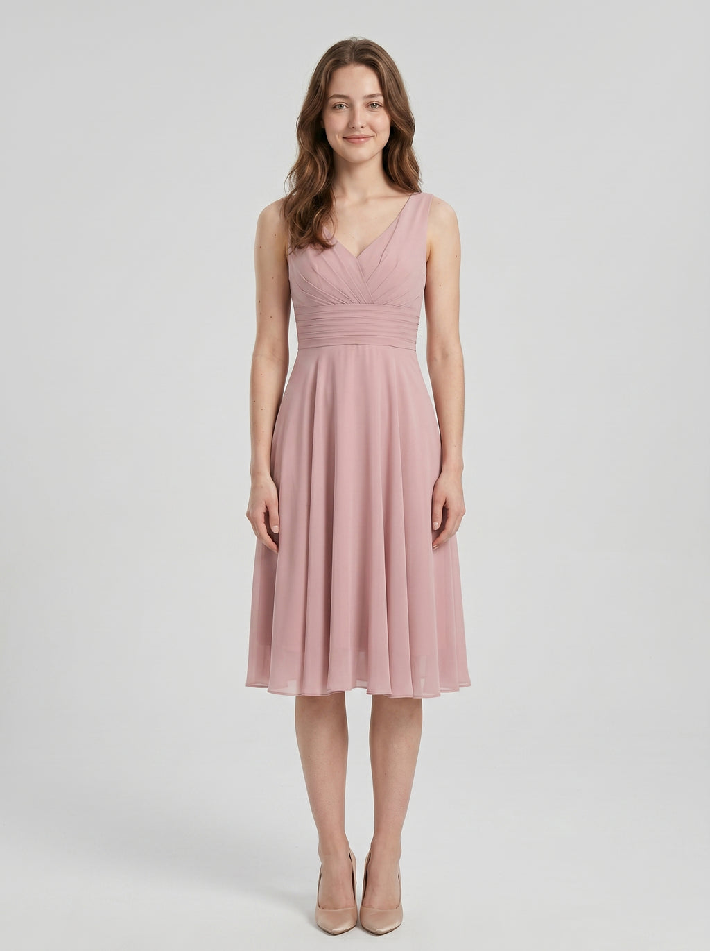 Coquette Dusty Rose Chiffon A-Line V-Neck V-Back with  Knee-Length Bridesmaid Dress