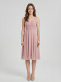 Coquette Dusty Rose Chiffon A-Line V-Neck V-Back with  Knee-Length Bridesmaid Dress