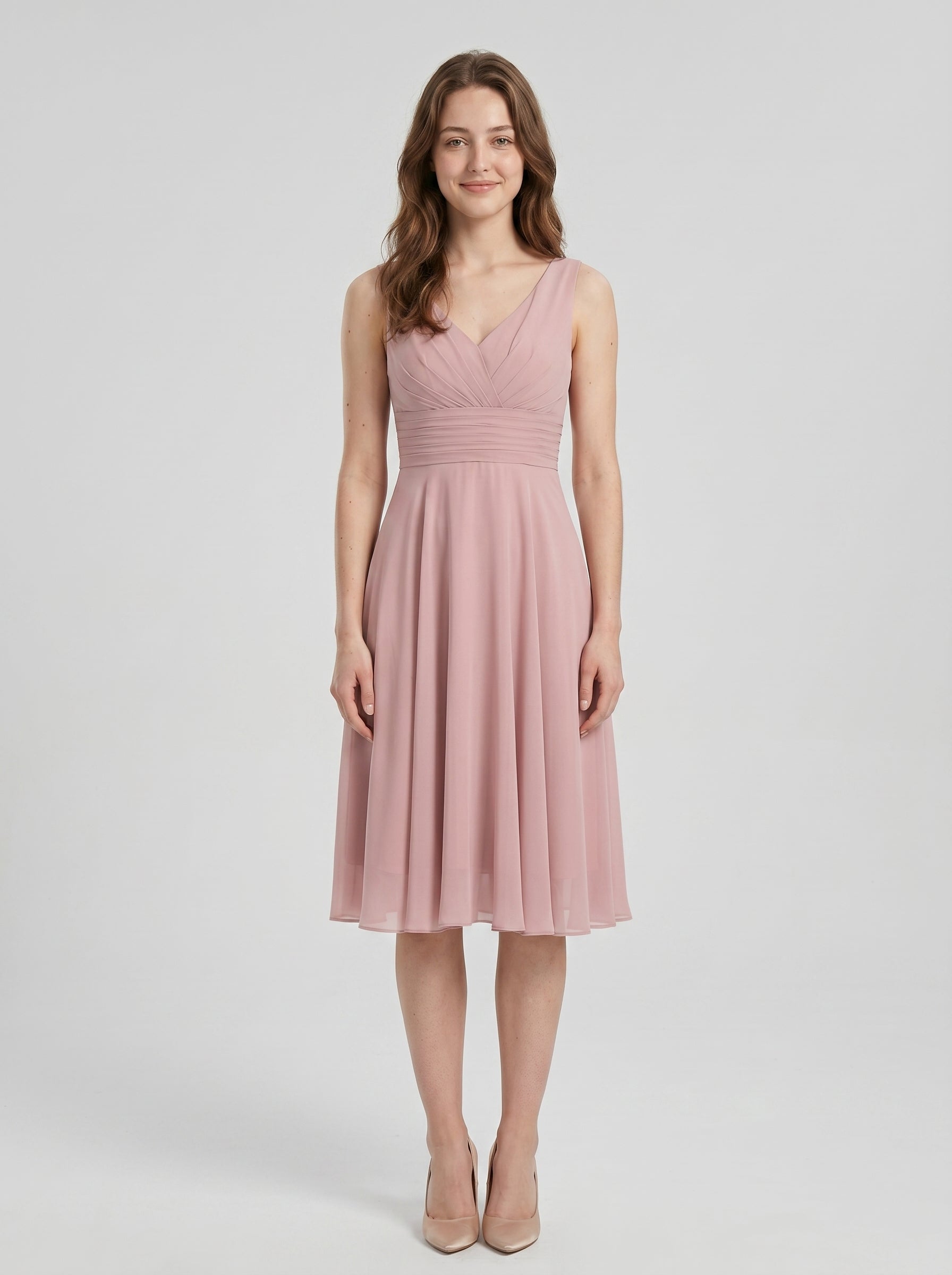 Coquette Dusty Rose Chiffon A-Line V-Neck V-Back with  Knee-Length Bridesmaid Dress