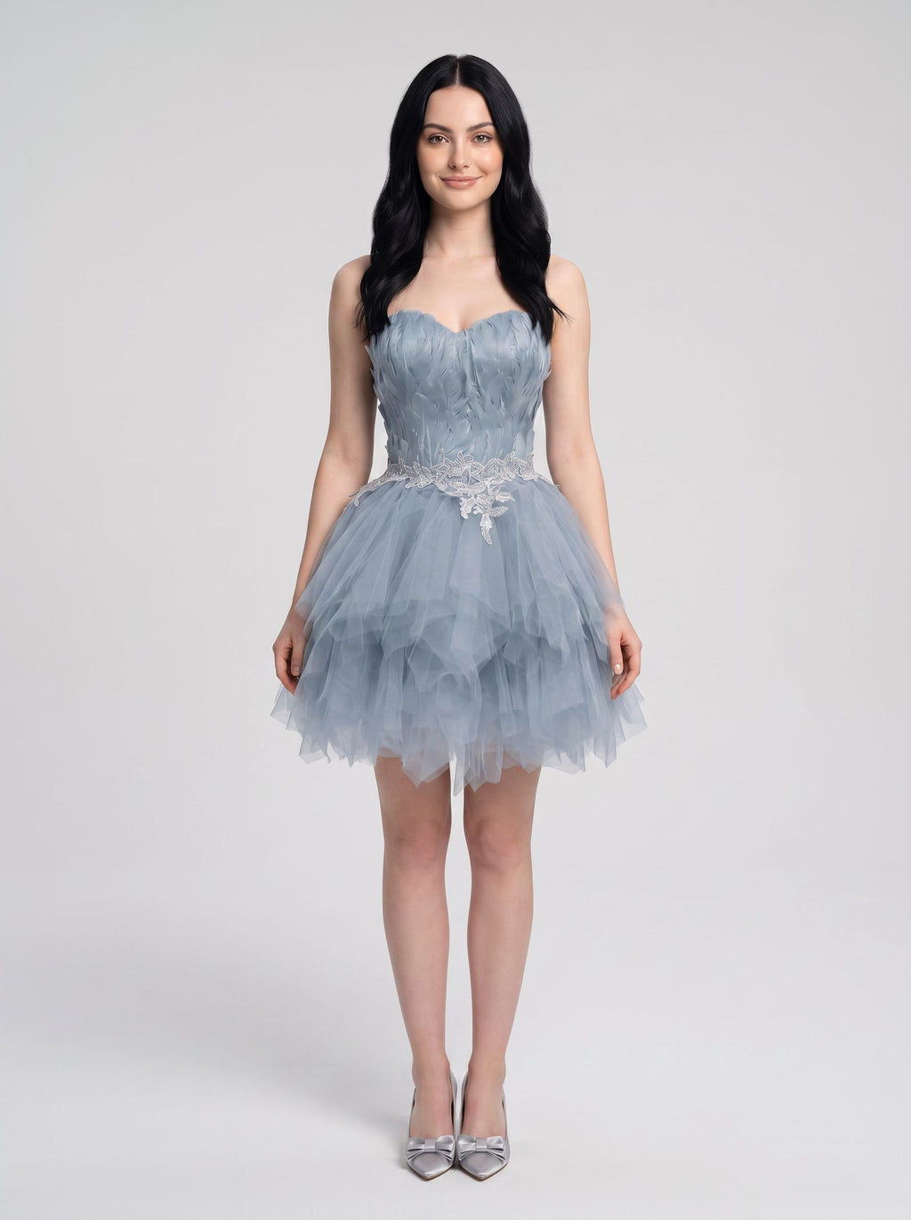 Dusty Blue Satin and Tulle A-Line Sweetheart Back Zip Short Dress with Ruched Satin Bodice