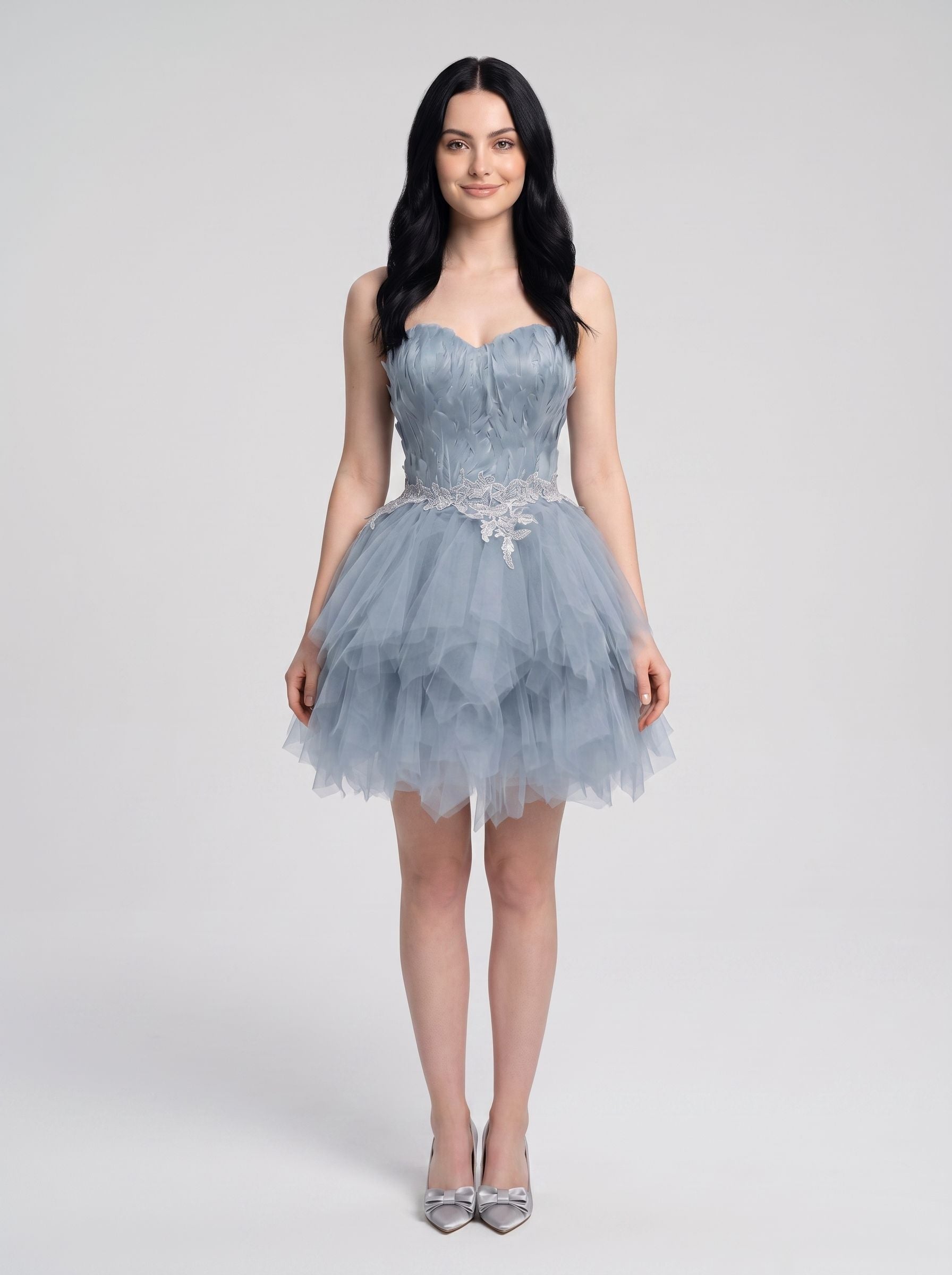 Dusty Blue Satin and Tulle A-Line Sweetheart Back Zip Short Dress with Ruched Satin Bodice