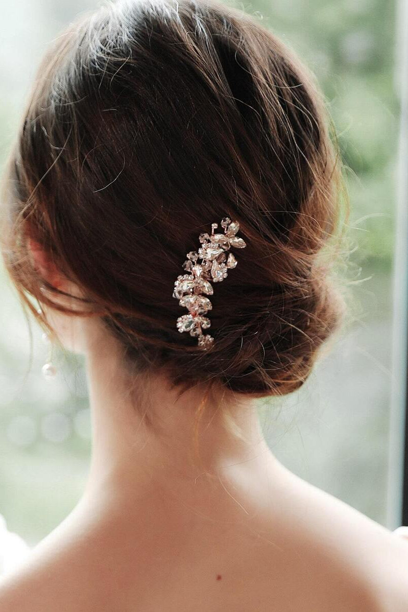 Rose Gold Crystal Floral Bridal Hair Comb Rhinestone Wedding Side Hair Comb