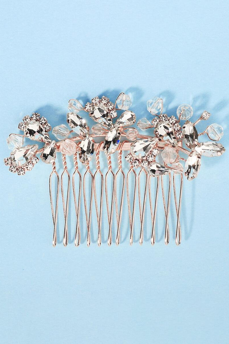 Rose Gold Crystal Floral Bridal Hair Comb Rhinestone Wedding Side Hair Comb