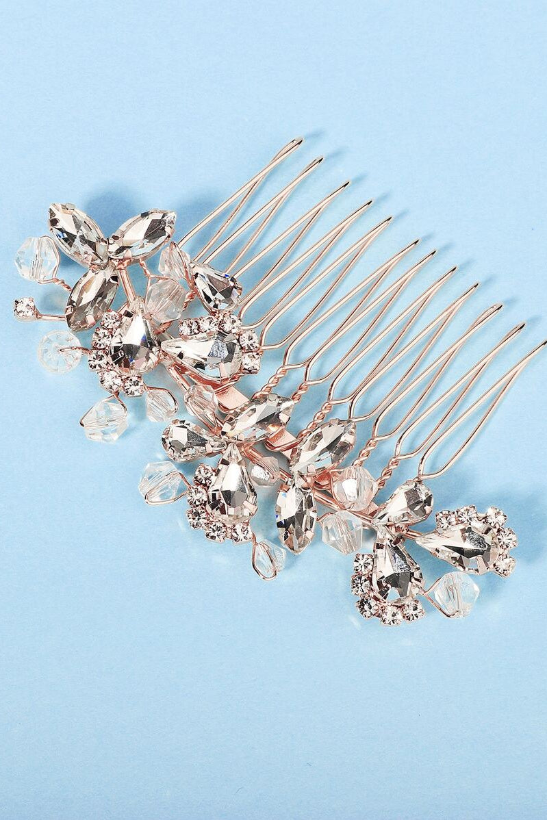 Rose Gold Crystal Floral Bridal Hair Comb Rhinestone Wedding Side Hair Comb