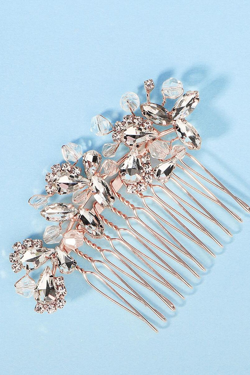 Rose Gold Crystal Floral Bridal Hair Comb Rhinestone Wedding Side Hair Comb