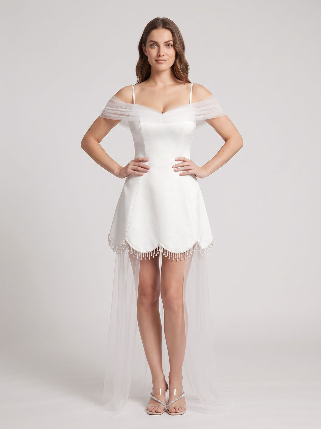 White Satin Tulle A-Line Off-the-Shoulder Illusion Mini Dress with Bead-Trimmed Hem