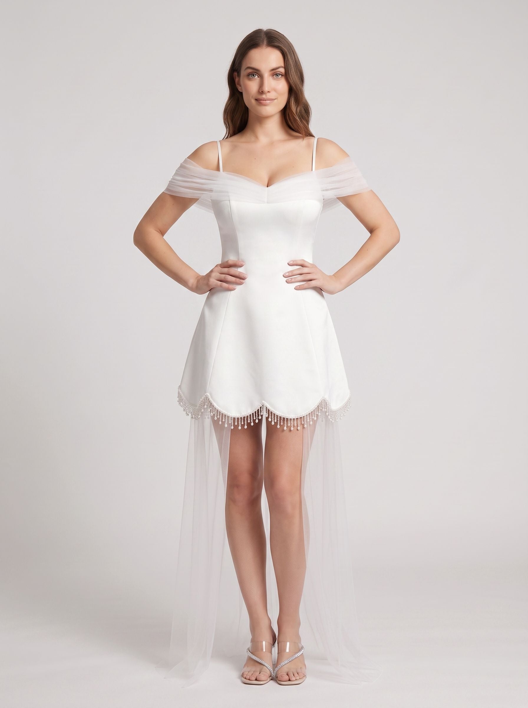 White Satin Tulle A-Line Off-the-Shoulder Illusion Mini Dress with Bead-Trimmed Hem