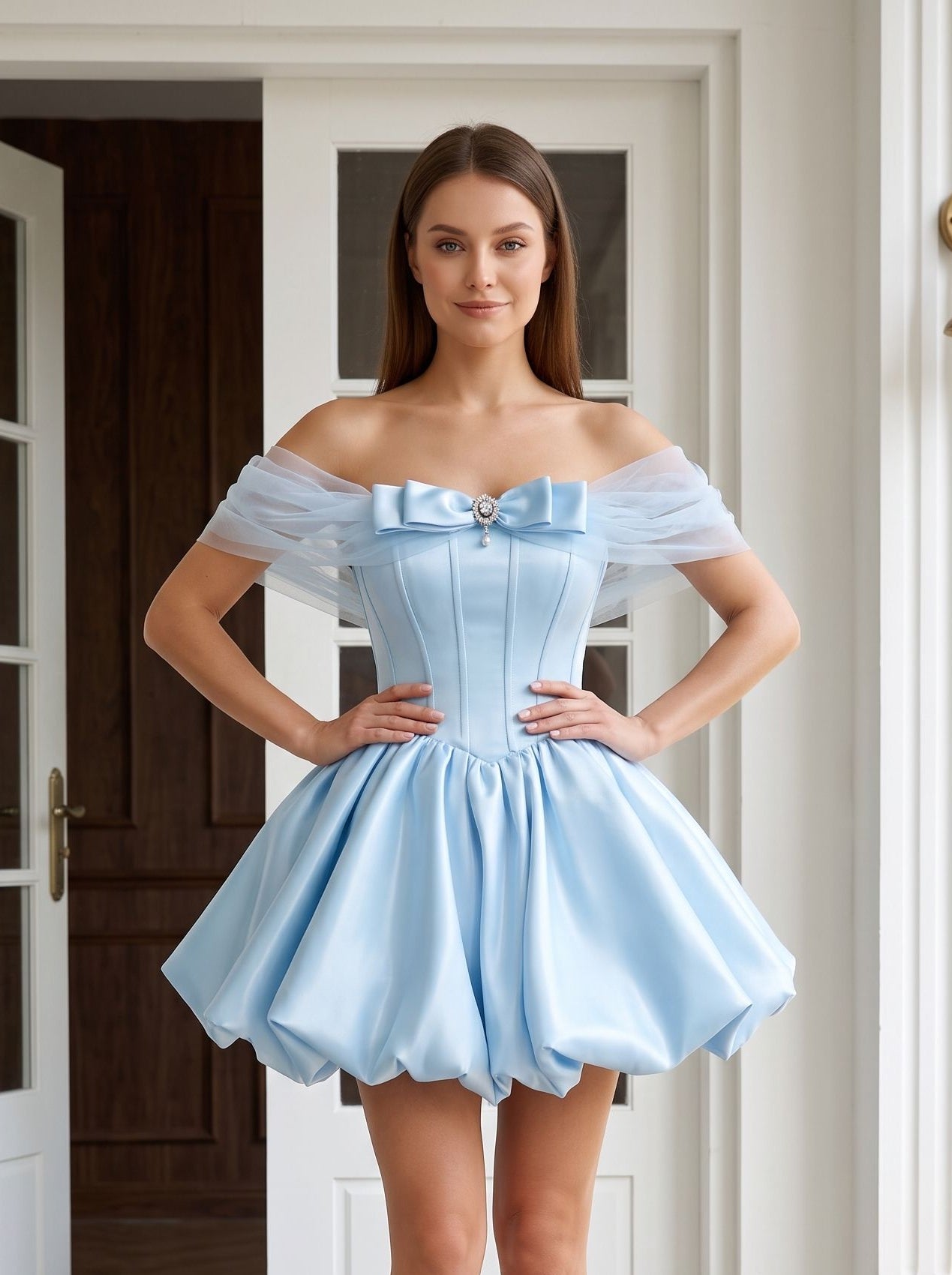 Sky Blue Satin and Mesh A-Line Off-the-Shoulder Back Zip Mini Dress