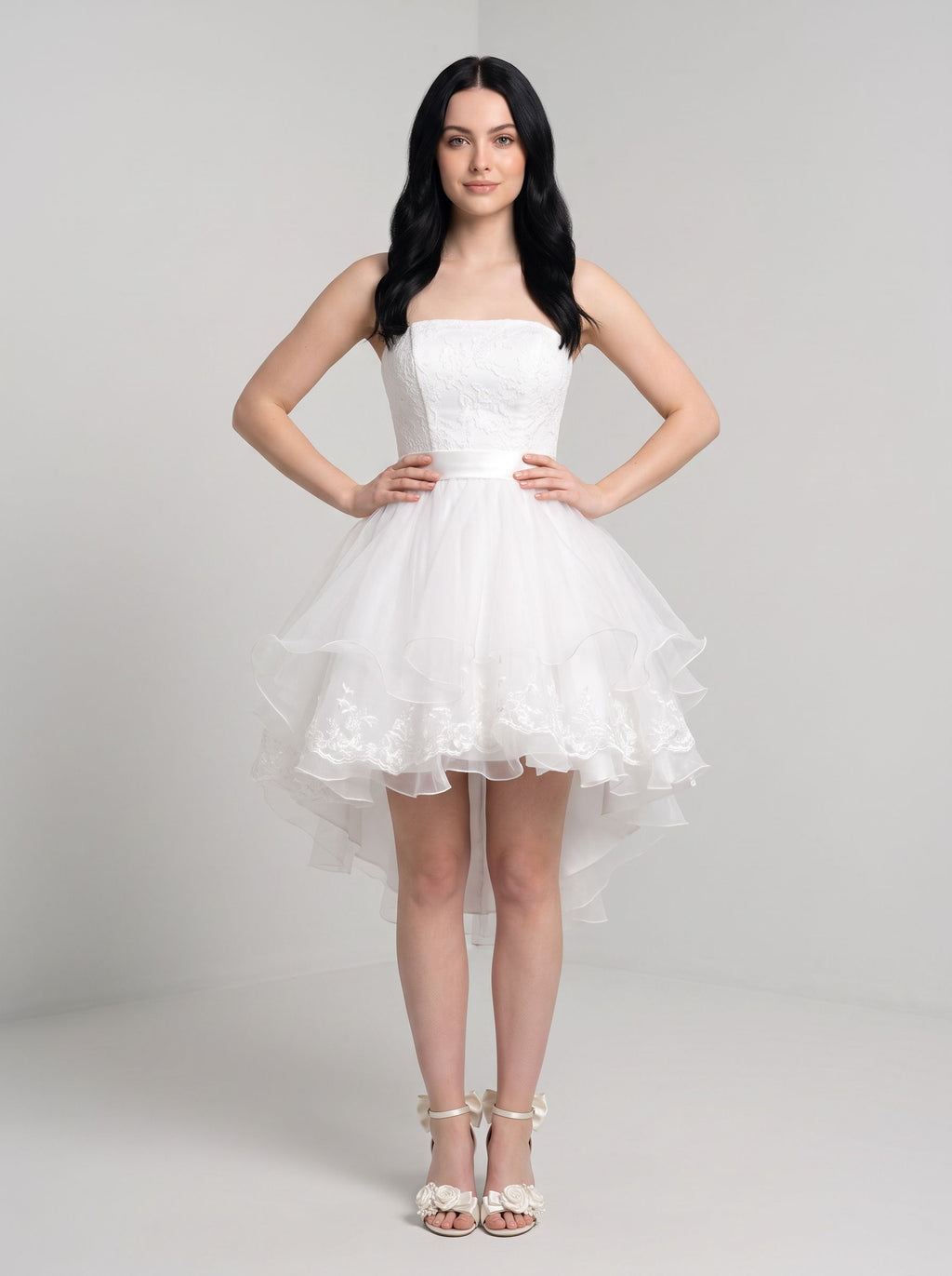 White Tulle A-Line Straight Neck Back Zip Short Dress