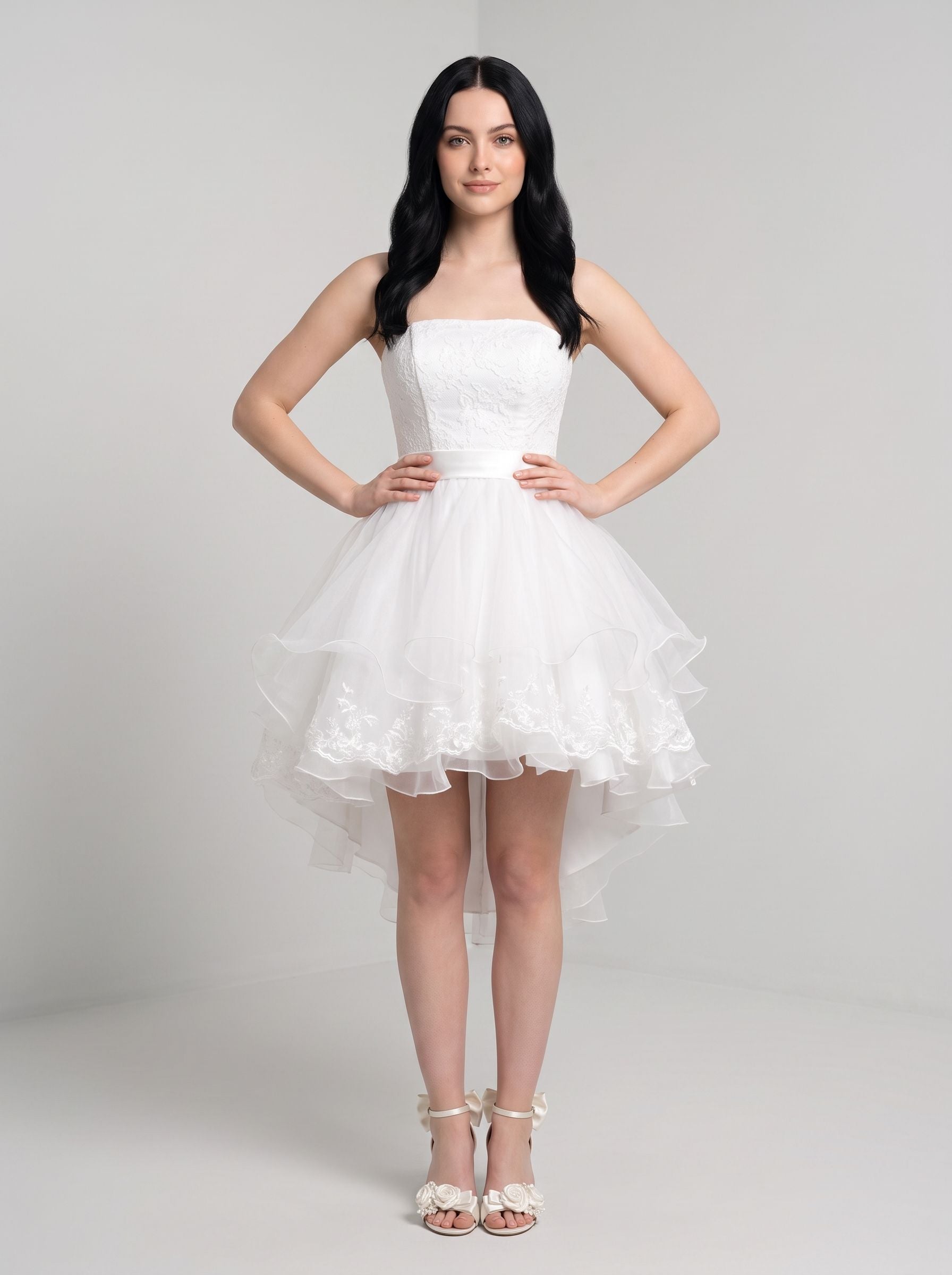 White Tulle A-Line Straight Neck Back Zip Short Dress