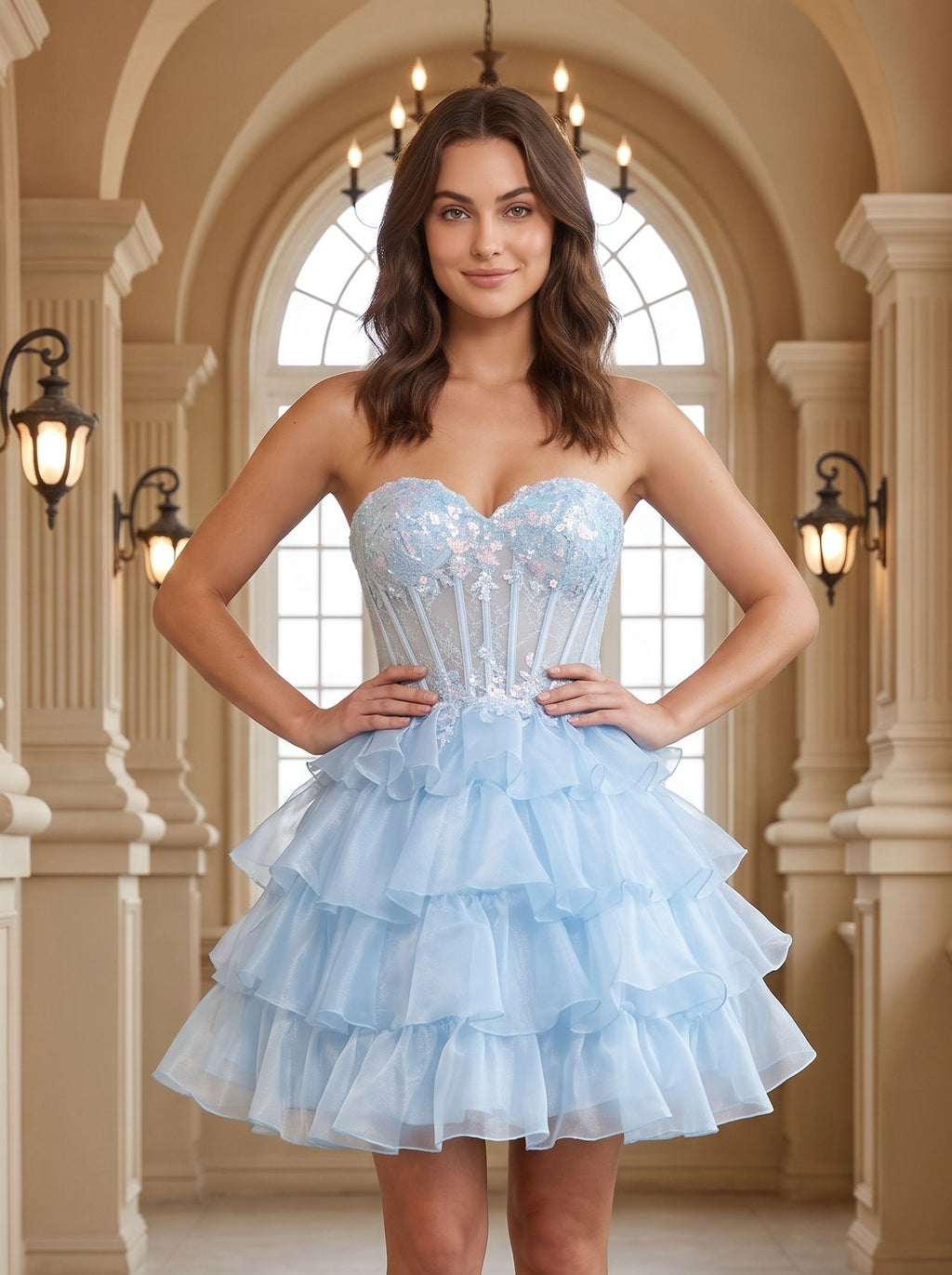 Sky Blue Sequins A-Line Sweetheart Lace-up Short Dress with Corset Bodice