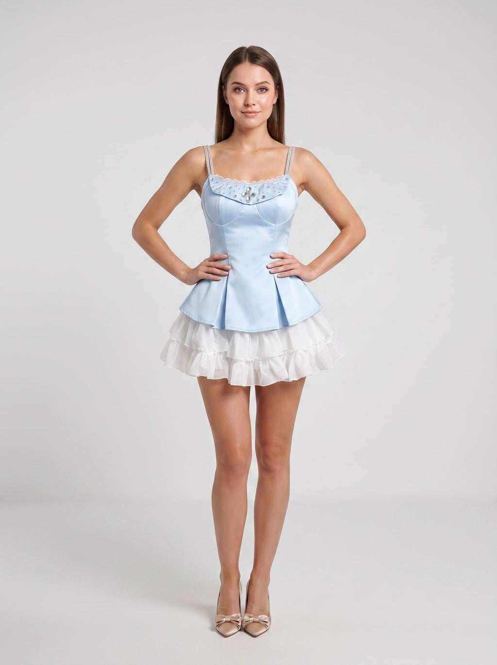 Sky Blue Satin and Organza A-Line Straight-Across Lace-Up Back Mini Dress