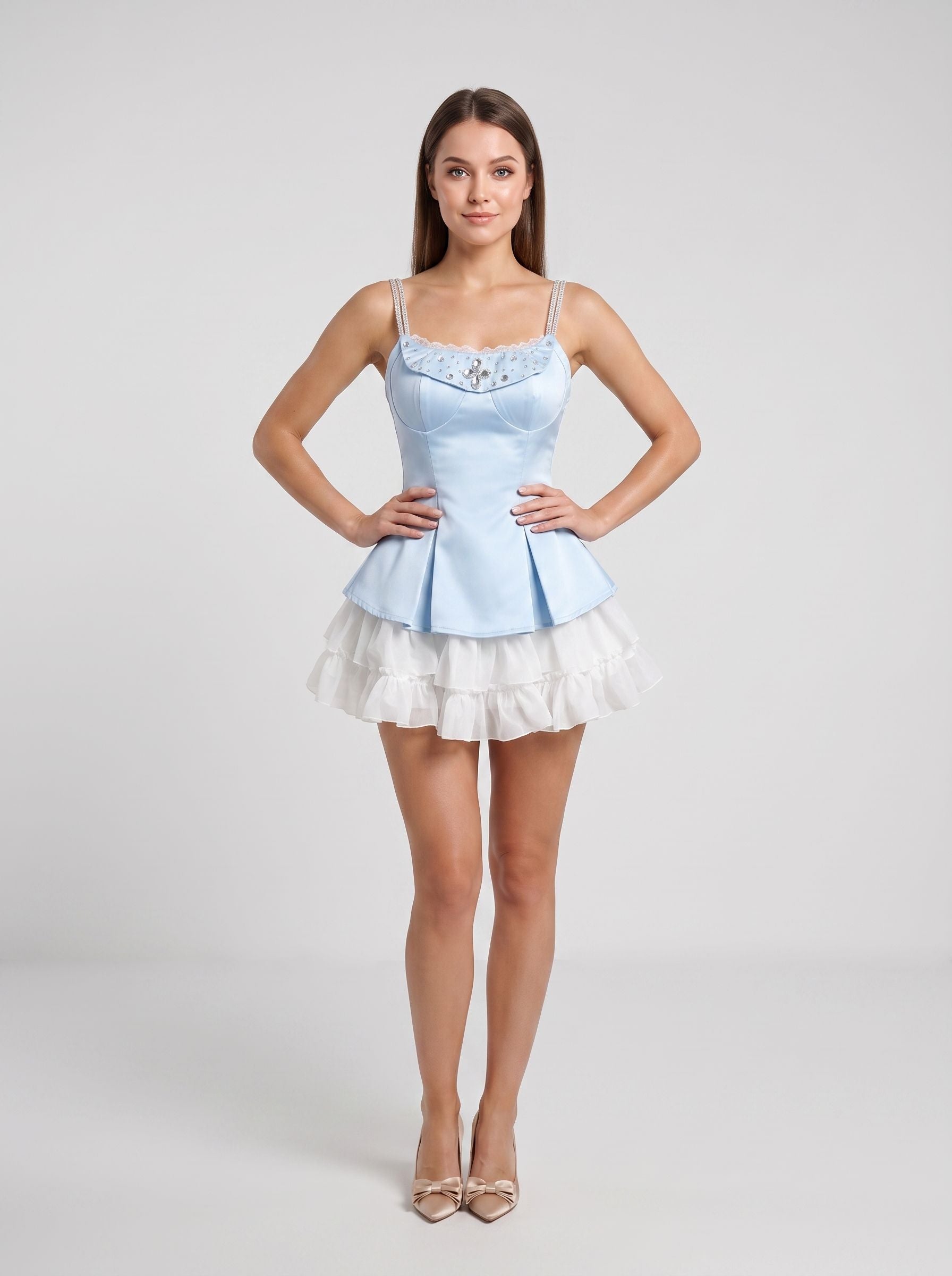 Sky Blue Satin and Organza A-Line Straight-Across Lace-Up Back Mini Dress