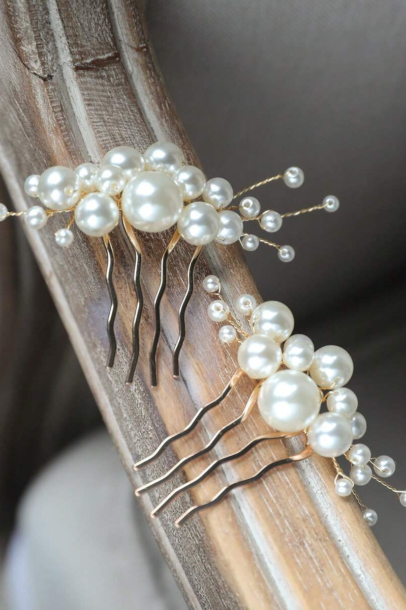 2 Pack Pearl Cluster Gold Hair Combs Bridal Wedding Side Hair Combs