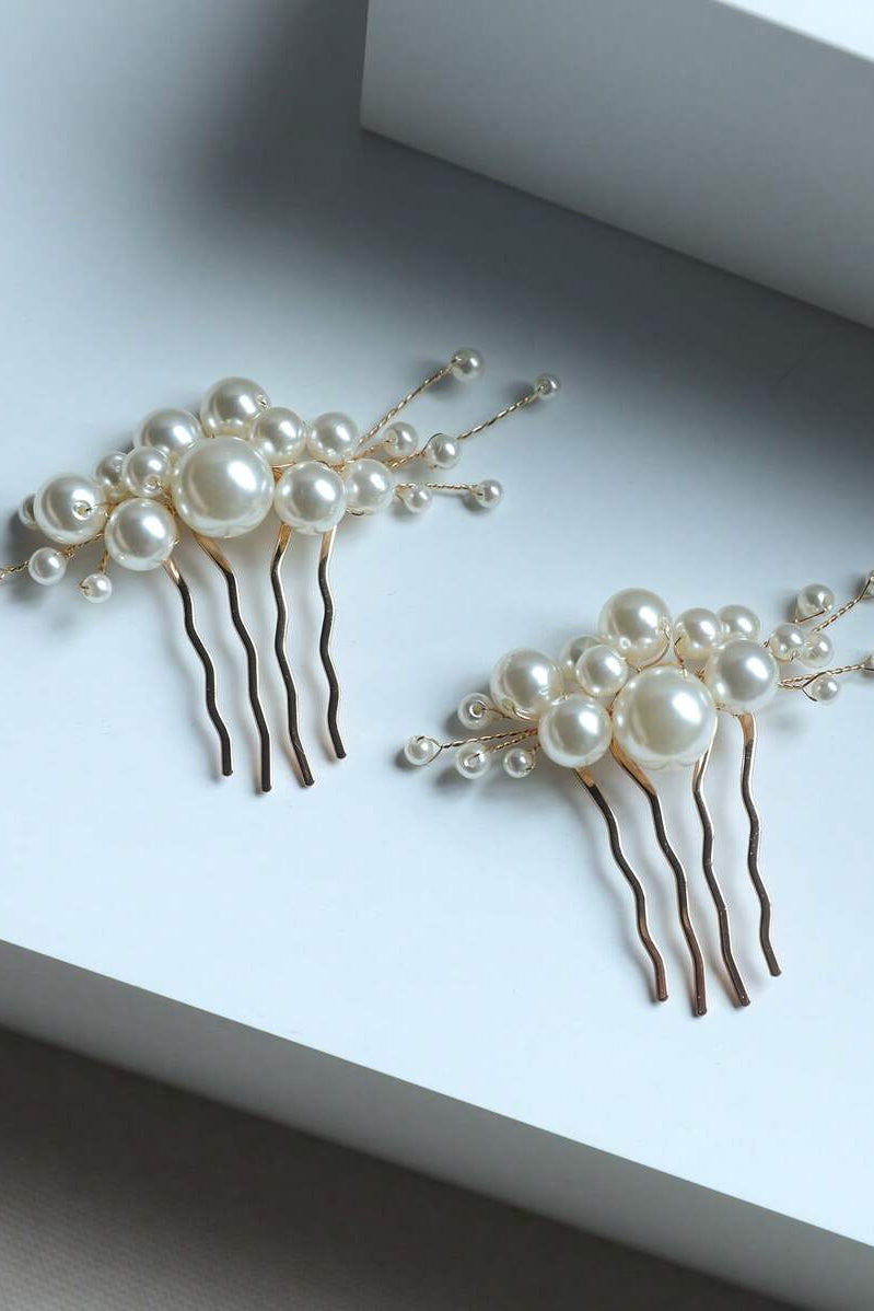 2 Pack Pearl Cluster Gold Hair Combs Bridal Wedding Side Hair Combs