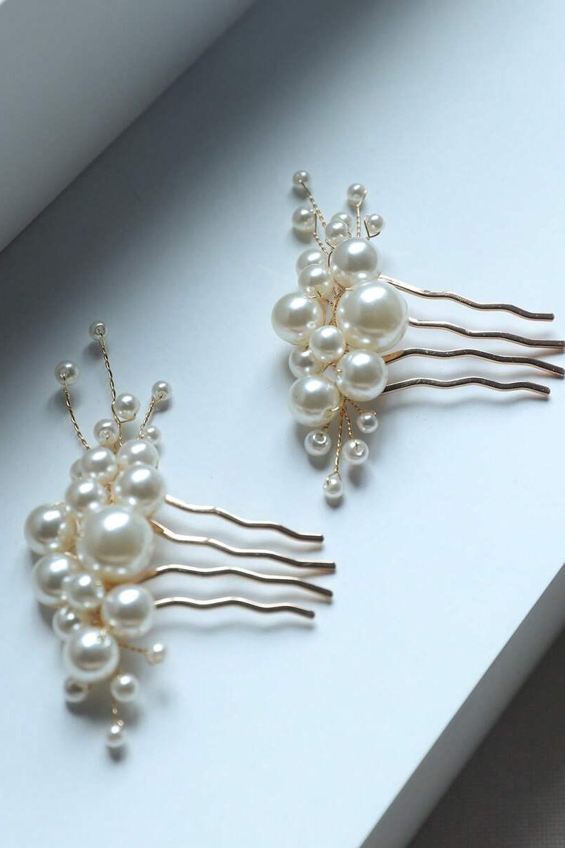 2 Pack Pearl Cluster Gold Hair Combs Bridal Wedding Side Hair Combs