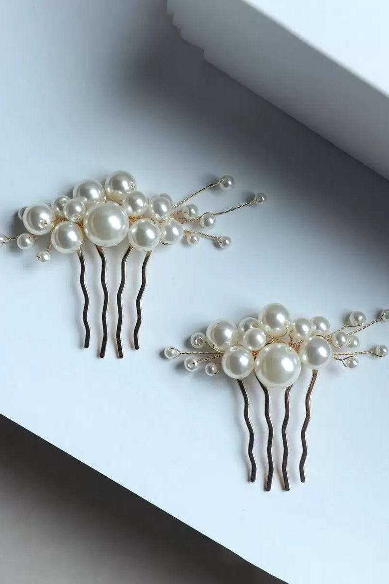 2 Pack Pearl Cluster Gold Hair Combs Bridal Wedding Side Hair Combs