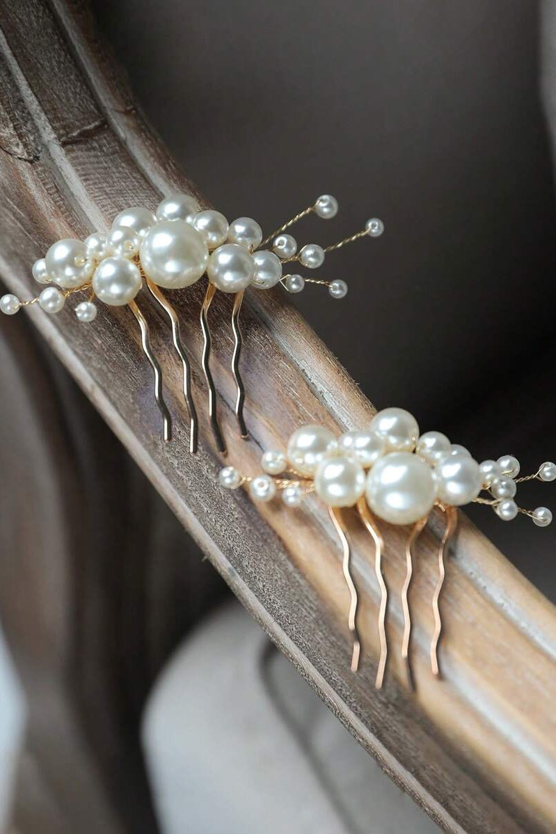 2 Pack Pearl Cluster Gold Hair Combs Bridal Wedding Side Hair Combs