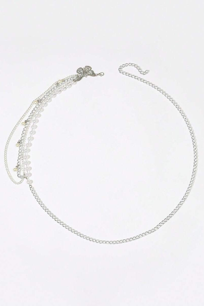Silver Multi Layer Butterfly Pearl Waist Chain Adjustable Layered Body Chain for Women