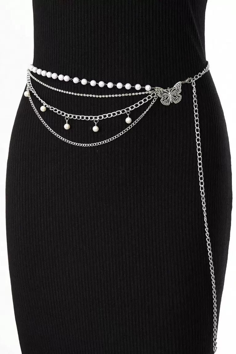 Silver Multi Layer Butterfly Pearl Waist Chain Adjustable Layered Body Chain for Women