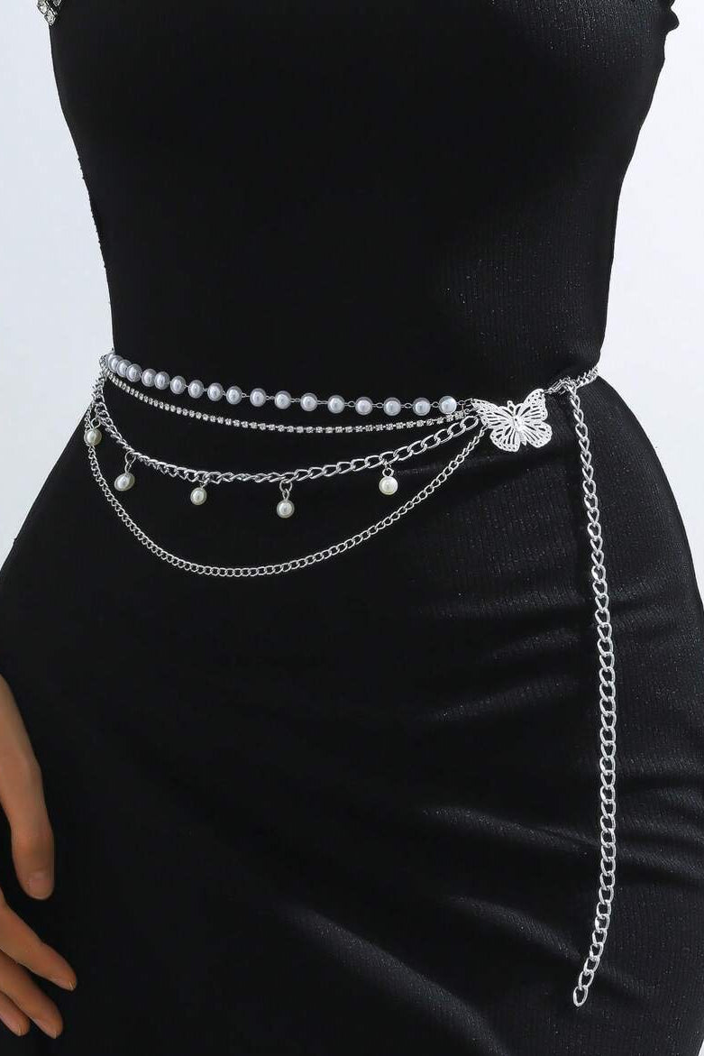 Silver Multi Layer Butterfly Pearl Waist Chain Adjustable Layered Body Chain for Women