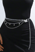 Silver Multi Layer Butterfly Pearl Waist Chain Adjustable Layered Body Chain for Women