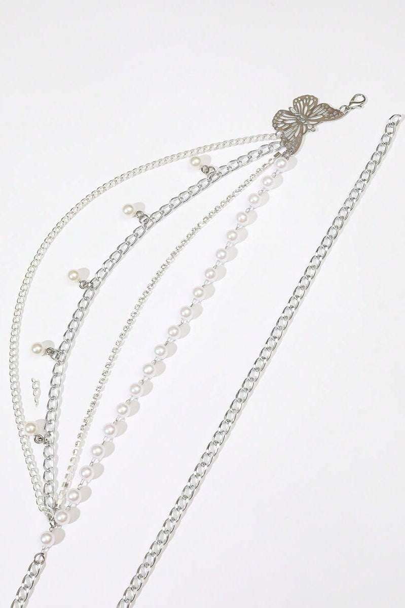 Silver Multi Layer Butterfly Pearl Waist Chain Adjustable Layered Body Chain for Women